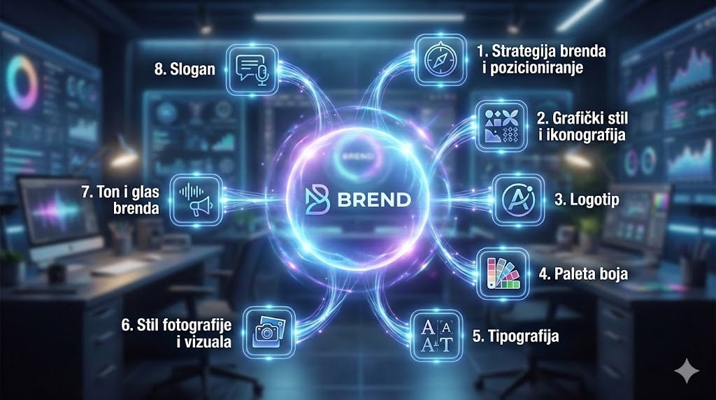 Vizuelni prikaz osam elemenata brenda oko centralnog brend koncepta