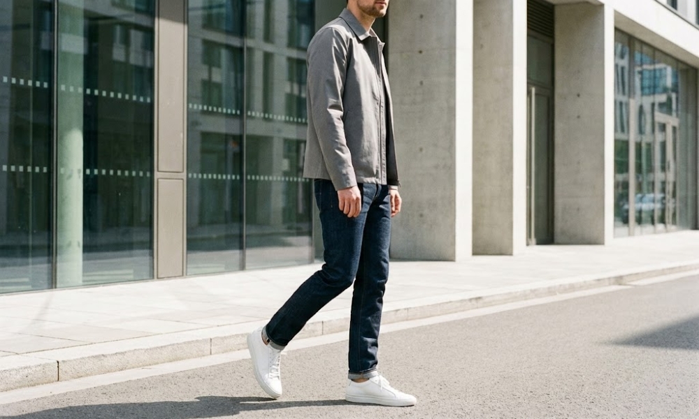 Bele patike, tamnoplave farmerke, siva jakna