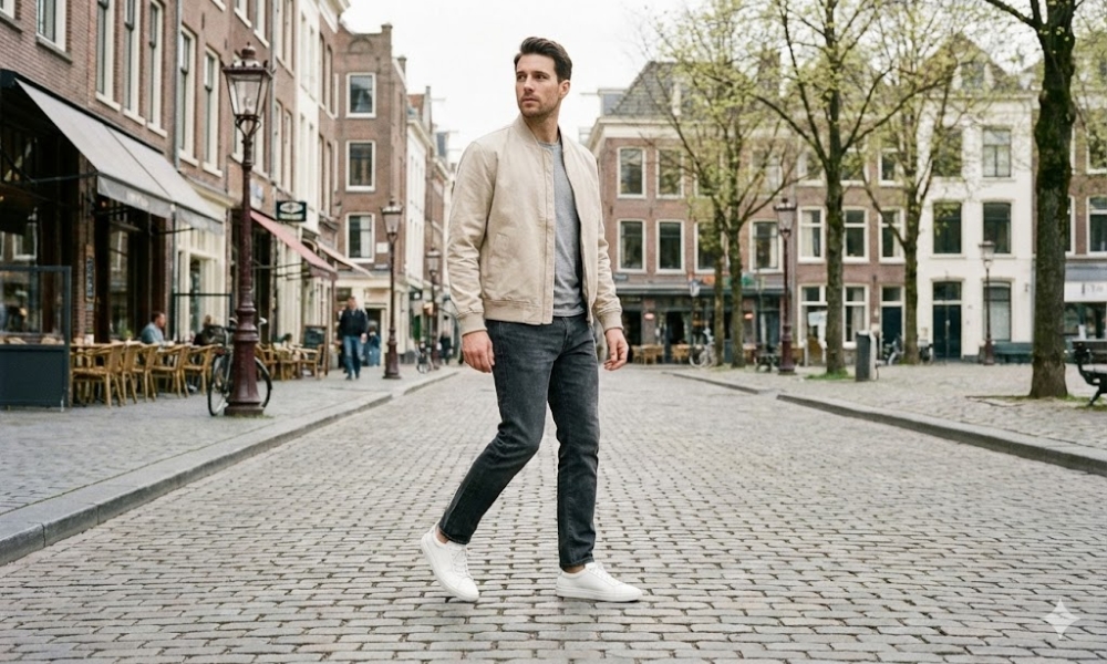 Jednostavne patike, tamnosive farmerke, svetla jakna