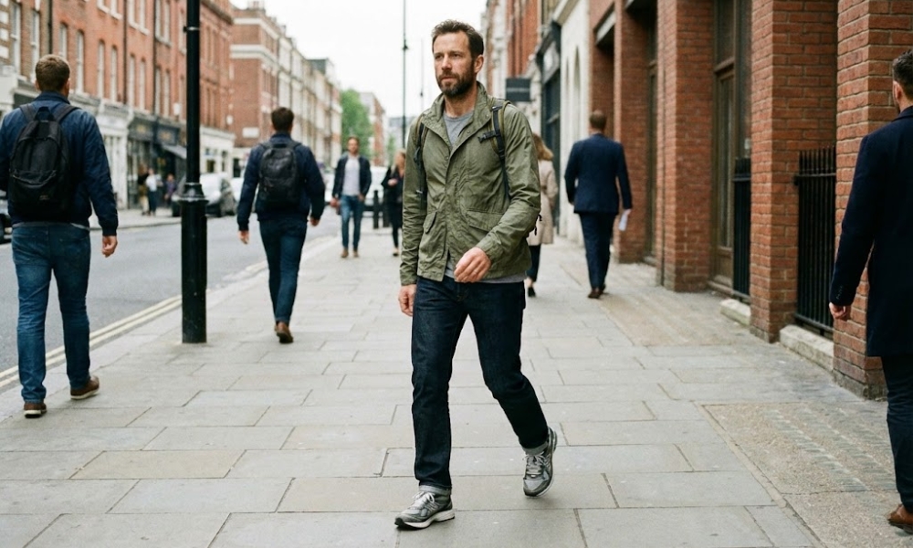 Jednostavne patike, tamnosive farmerke, svetla jakna