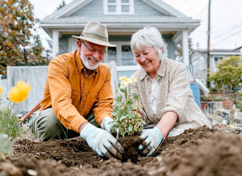 stariji bračni par sadi proćno cveće