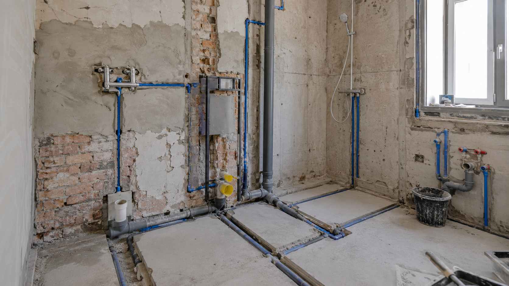 Izložene vodovodne i odvodne instalacije u kupatilu tokom renoviranja.