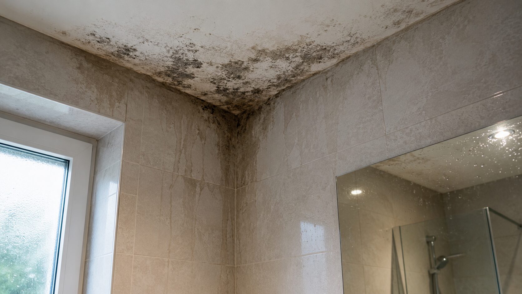Vlaga i buđ u uglu kupatila zbog loše ventilacije.