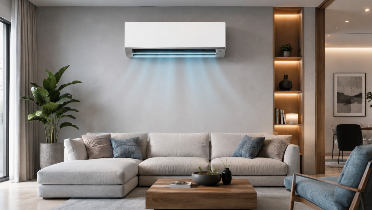 Savremena dnevna soba sa inverter klimom iznad sofe i blagim prikazom hladnog vazduha